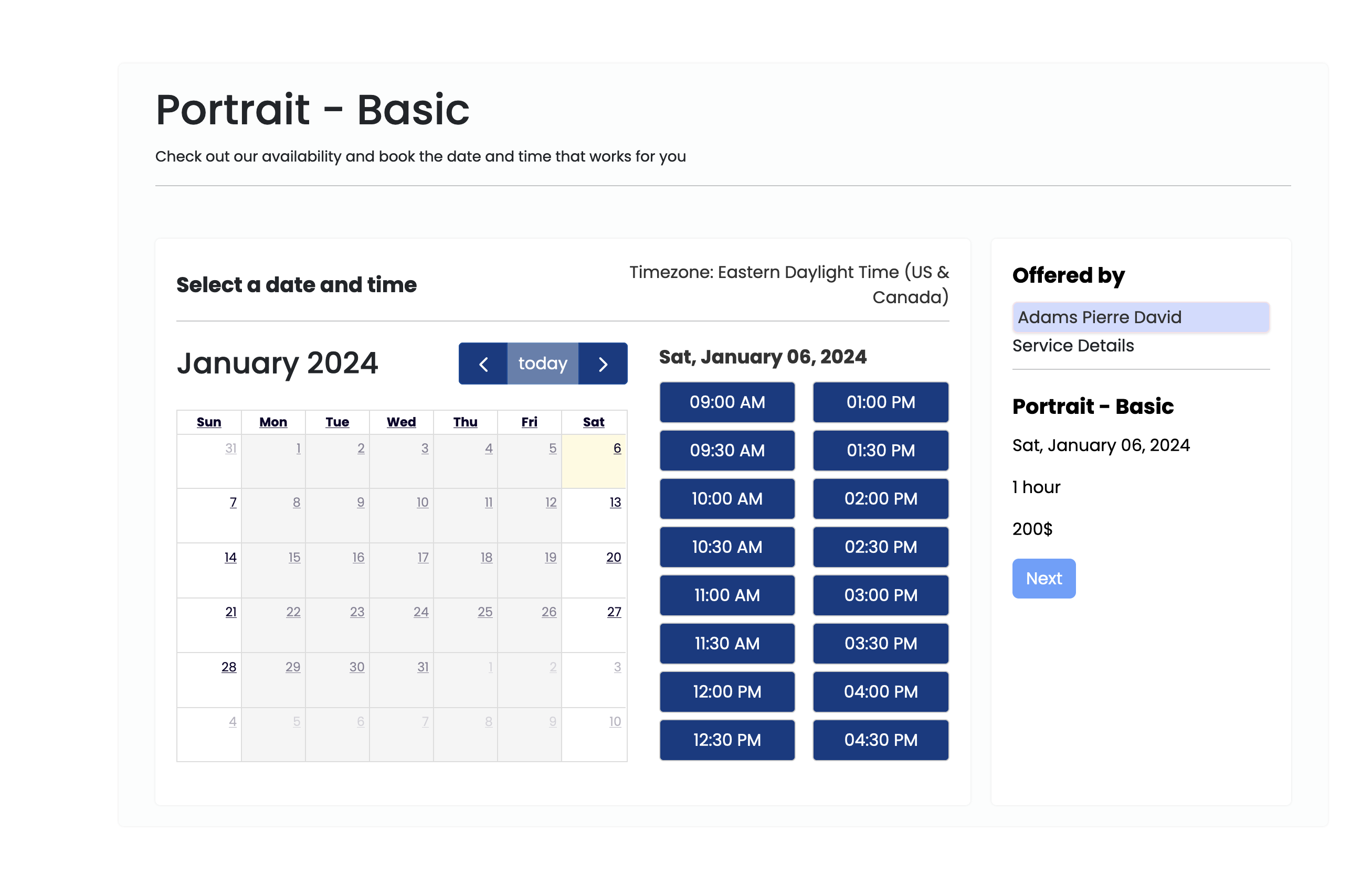 Choosing staff member and date/time for appointment